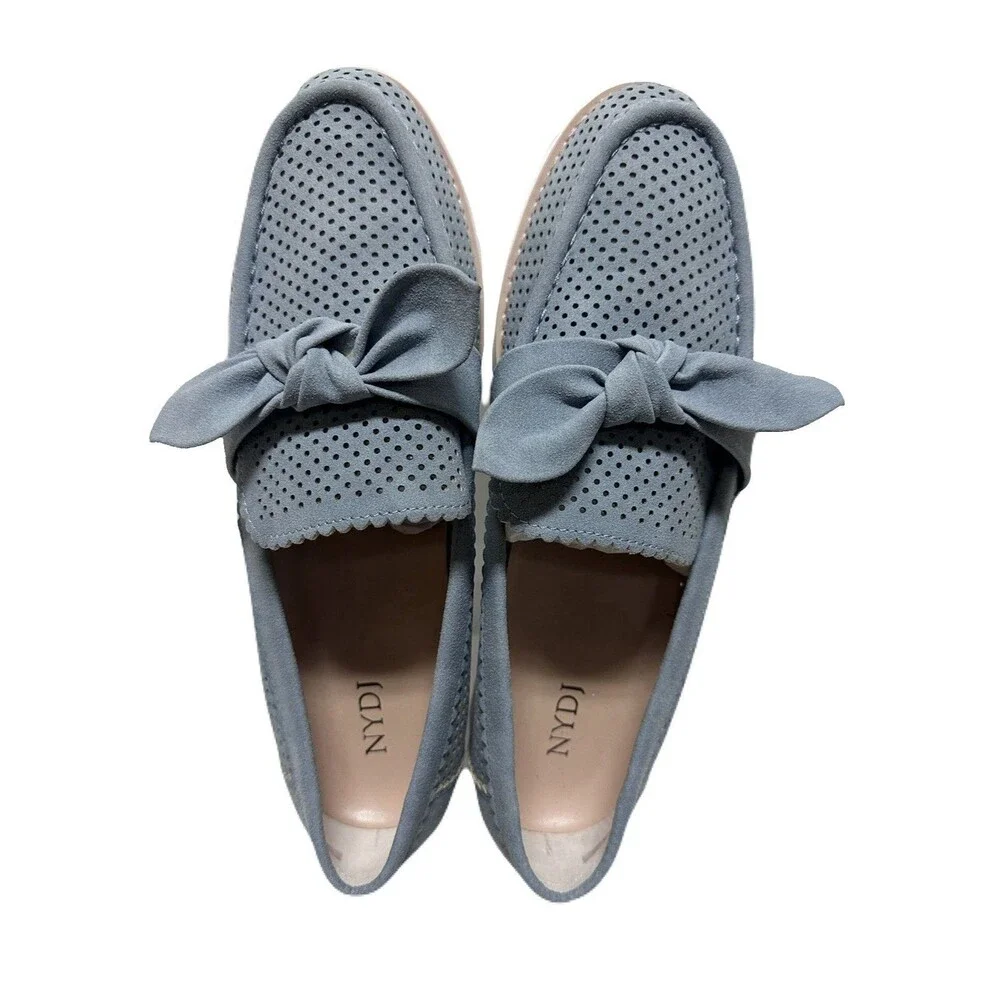 NEW NYDJ Womens Size 10 Light Blue Faux Suede Okoa Knitted Bow Comfort Loafers